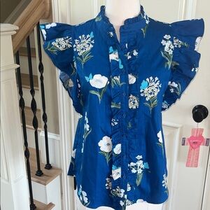Sugarlips Avara Anita Top Blue Cotton Floral Blouse Flutter Sleeve New